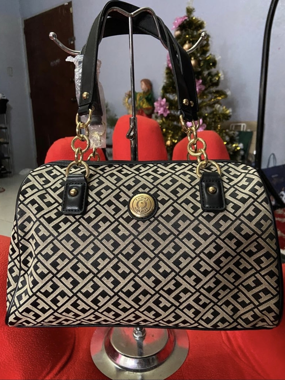 Tommy Hilfiger Black & Cream Monogram Satchel with Gold Hardware